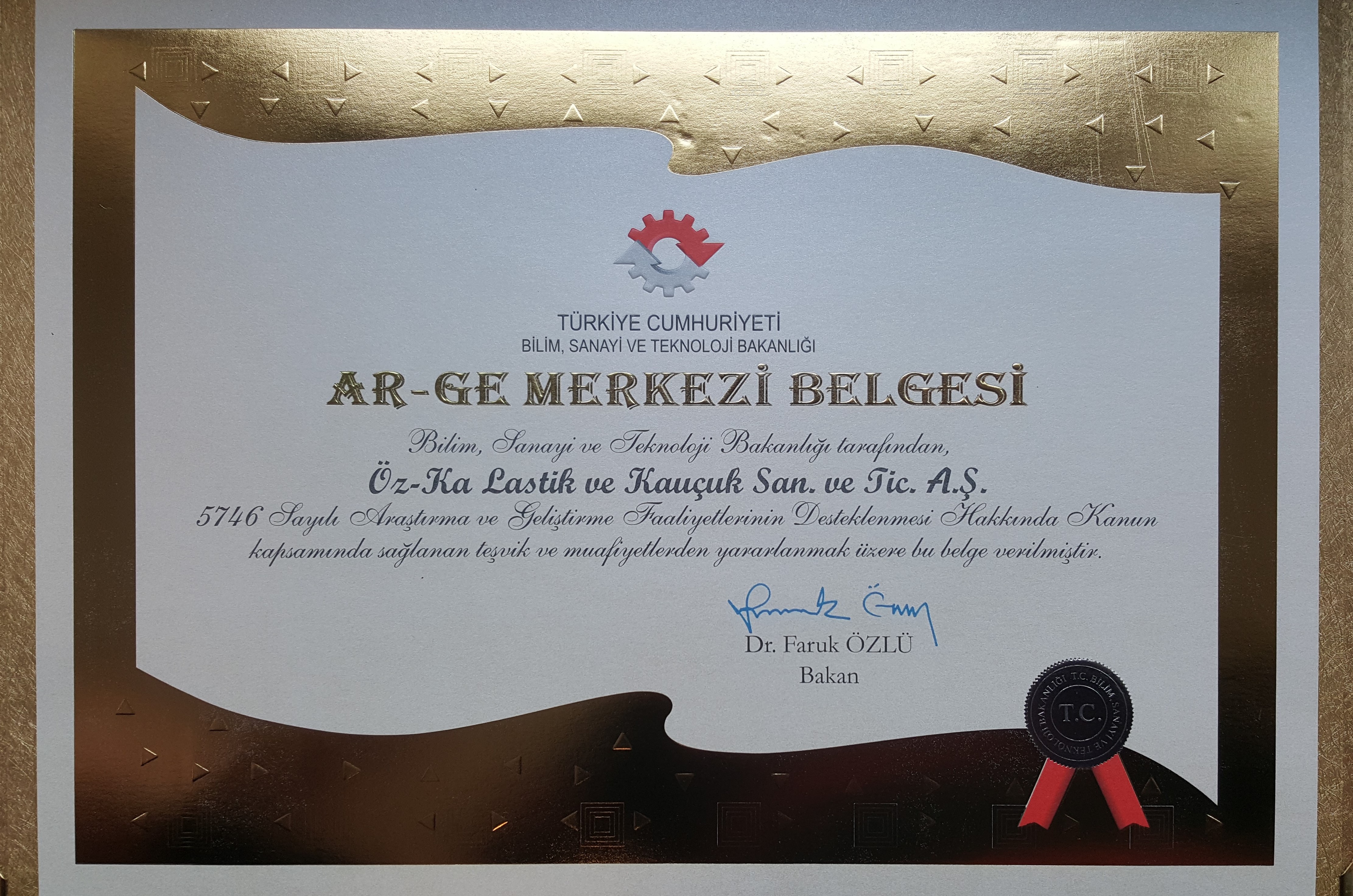 ÖZKA LASTİK AR-GE MERKEZİ BELGESİ ALDI